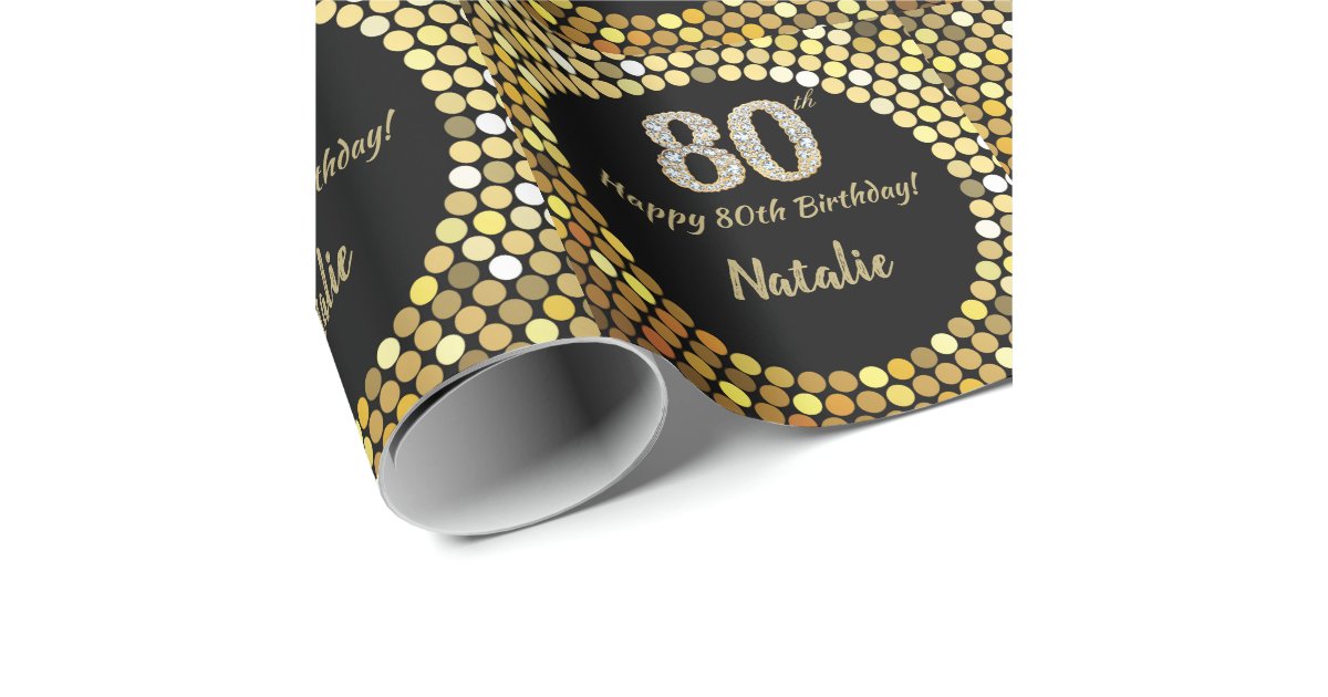 Happy 80th Birthday Black and Gold Glitter Wrapping Paper | Zazzle