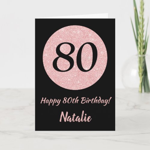 Happy 80th Birthday Black and Rose Pink Gold Card