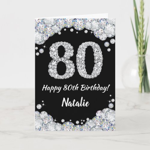 Happy 80th Birthday Black and Silver Glitter Card
