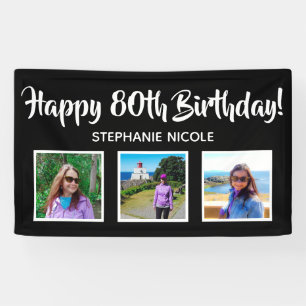Happy 80th Birthday Black Personalized 3 Photos Banner