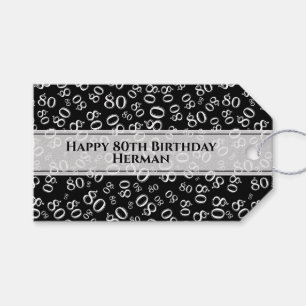 Happy 80th Birthday Black/White Number Pattern Gift Tags