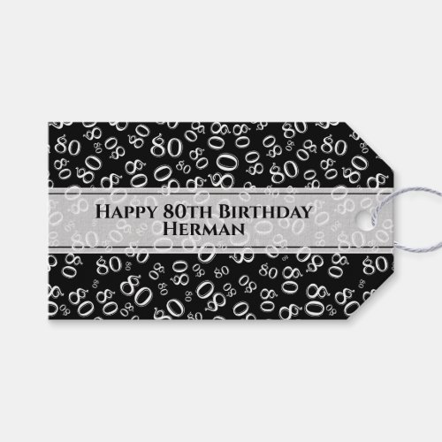 Happy 80th Birthday BlackWhite Number Pattern Gift Tags