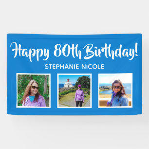 Happy 80th Birthday Blue Personalized 3 Photos Banner