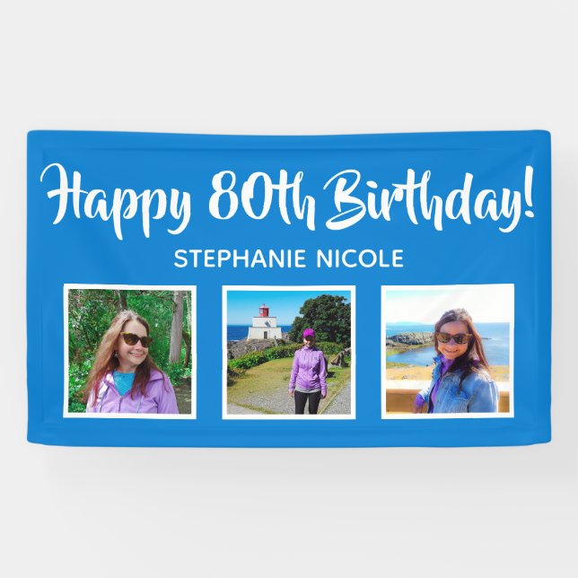 Happy 80th Birthday Blue Personalized 3 Photos Banner (Horizontal)
