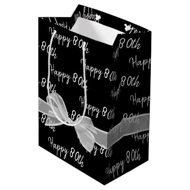 Happy 80th Birthday Bow On Black Medium Gift Bag (Back Angled)