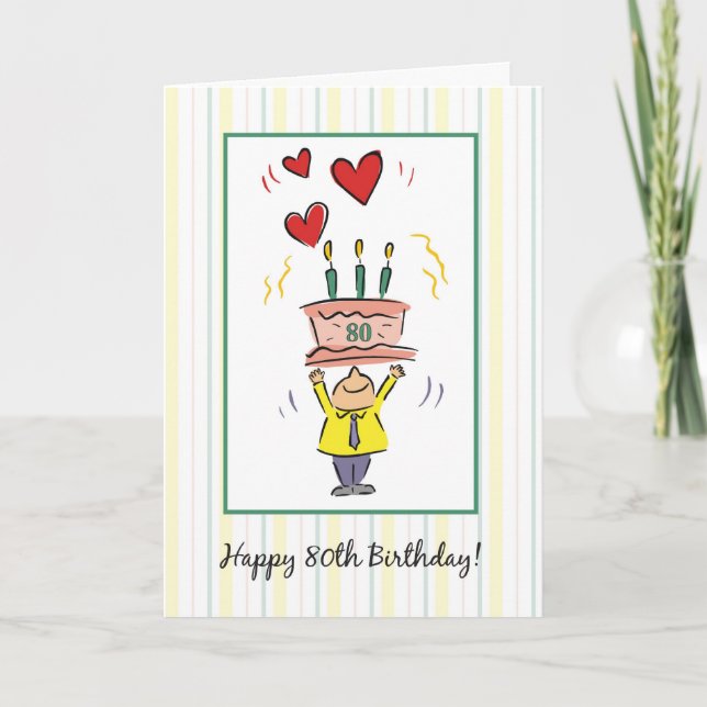 Happy 80th Birthday, Cake and Hearts Card (Front)
