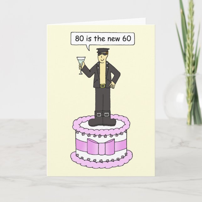 Happy 80th Birthday Cartoon Man on a Cake Card (Front)