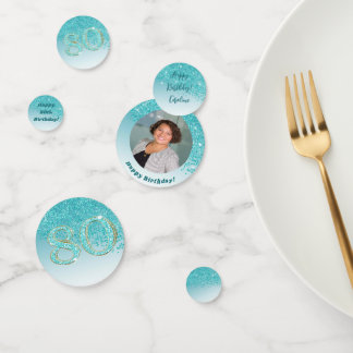 Happy 80th Birthday Chic Falling Teal Blue Glitter Confetti