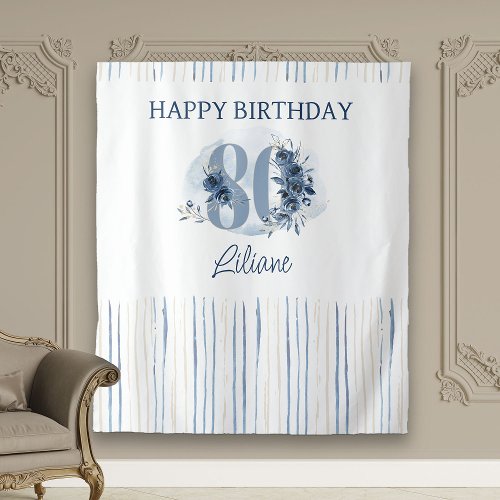 Happy 80th Birthday Coastal Blue Floral Number 80 Tapestry