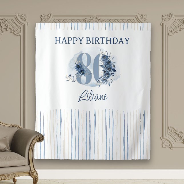 Happy 80th Birthday Coastal Blue Floral Number 80 Tapestry (80th Birthday backdrop from my Floral Number Milestone Birthday Collection)