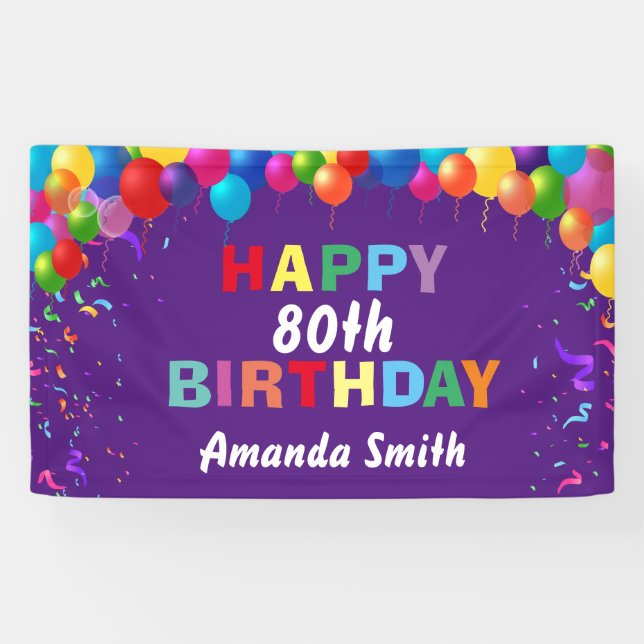 Happy 80th Birthday Colorful Balloons Purple Banner (Horizontal)
