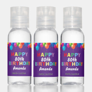Happy 80th Birthday Colorful Balloons Purple Hand Sanitizer