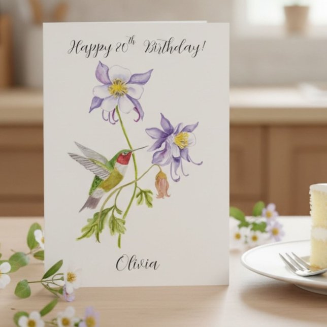 Happy 80th Birthday Columbine with Hummingbird Card (Creator Uploaded)