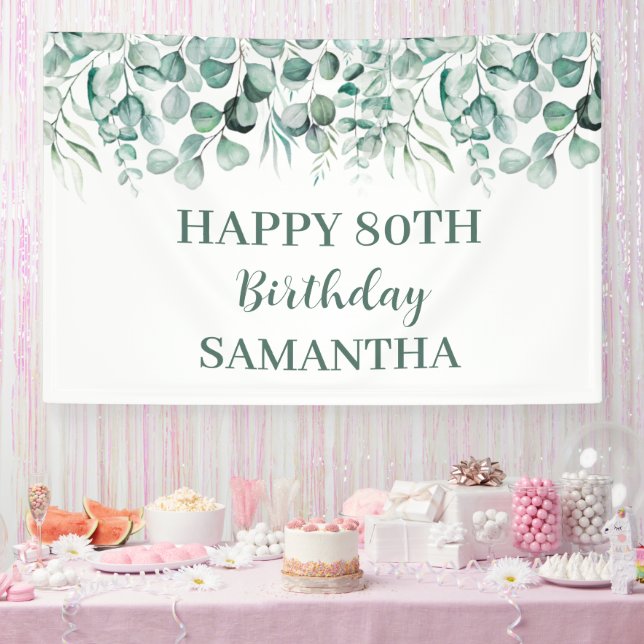 Happy 80th Birthday Eucalyptus Botanical Rustic Banner (Party)