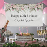 Happy 80th Birthday Feminine Pink Roses Floral Banner<br><div class="desc">A beautifully feminine birthday party banner to celebrate an 80th birthday in elegant style,  this Irresistible floral design is bordered in charming pink roses,  mixed flowers and trailing greenery  All of the text may be personalized for your party,  including the guest of honor's age.</div>