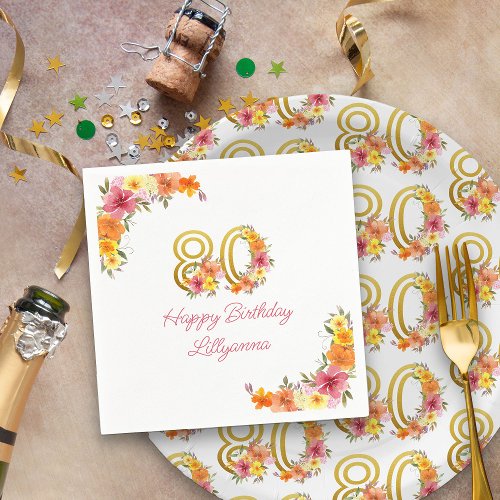 Happy 80th Birthday Floral Gold Number 80 Party Napkins