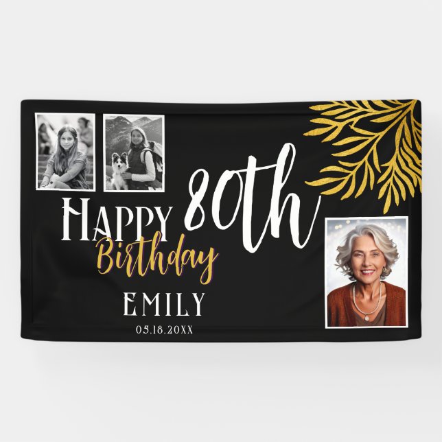 Happy 80th Birthday Gold Foliage 3 Photo Backdrop Banner (Horizontal)