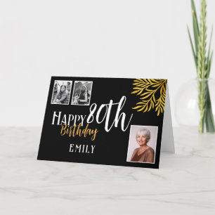 Happy 80th Birthday Gold Foliage 3 Photo Card