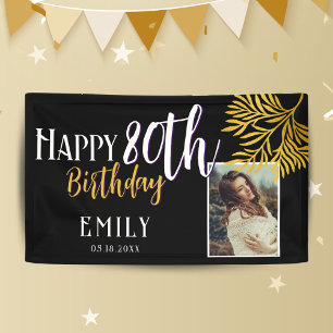 Happy 80th Birthday Gold Foliage Photo Backdrop Banner