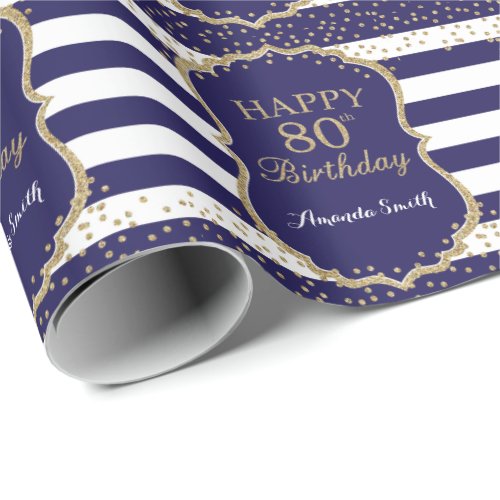 Happy 80th Birthday Gold Glitter and Navy Blue Wrapping Paper