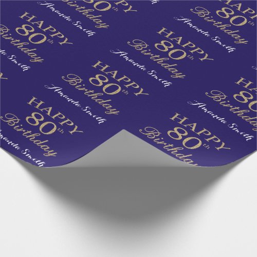 Happy 80th Birthday Gold Glitter and Navy Blue Wrapping Paper