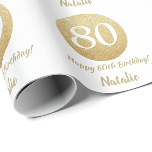 Happy 80th Birthday Gold Glitter and White Wrapping Paper
