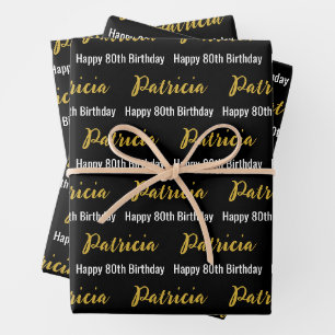 Happy 80th Birthday Gold Name Black and White Wrapping Paper Sheets