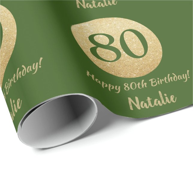 Happy 80th Birthday Green and Gold Glitter Wrapping Paper (Roll Corner)
