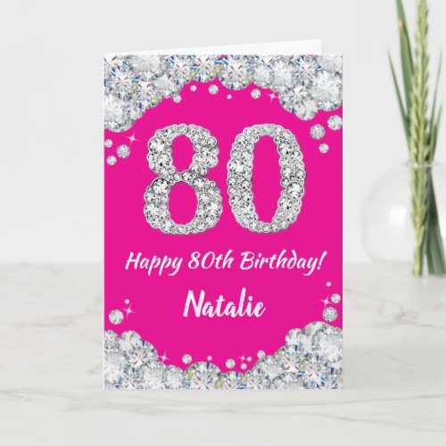 Happy 80th Birthday Hot Pink and Silver Glitter