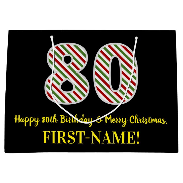 Happy 80th Birthday & Merry Christmas, Custom Name Large Gift Bag (Front)
