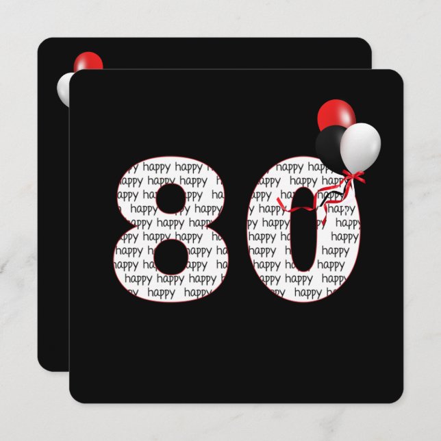 Happy 80th Birthday On Black Invitation (Front/Back)