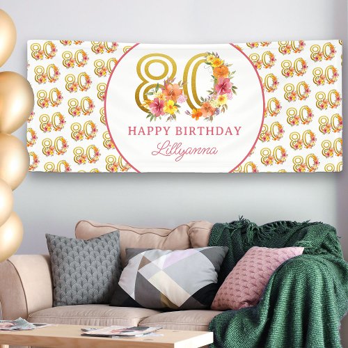 Happy 80th Birthday Party Floral Gold Number 80 Banner