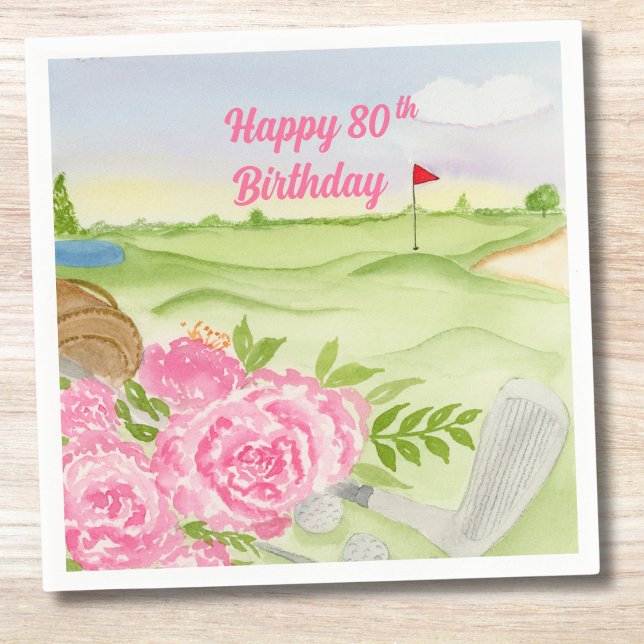 Happy 80th Birthday Peonies On Golf Course Napkins (Creator Uploaded)
