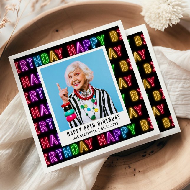 Happy 80th Birthday Photo Rainbow Neon Napkins (Creator Uploaded)