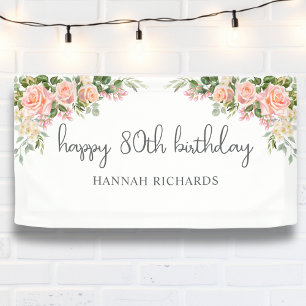Happy 80th Birthday Pink Peach Floral Banner