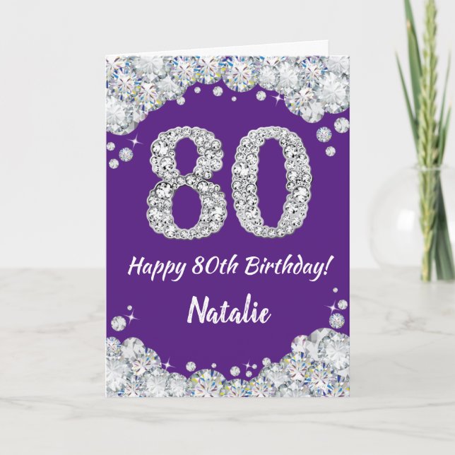 Happy 80th Birthday Purple and Silver Glitter Card (Front)