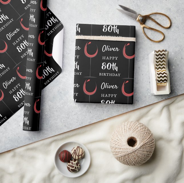 Happy 80th Birthday Red Wine Glass Birthday Wrapping Paper (Crafts)