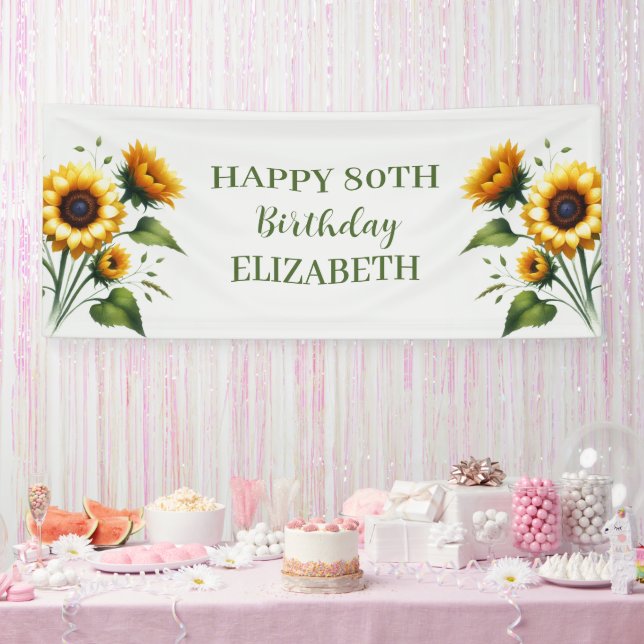 Happy 80th Birthday Sunflowers Yellow Flowers Banner (Party)