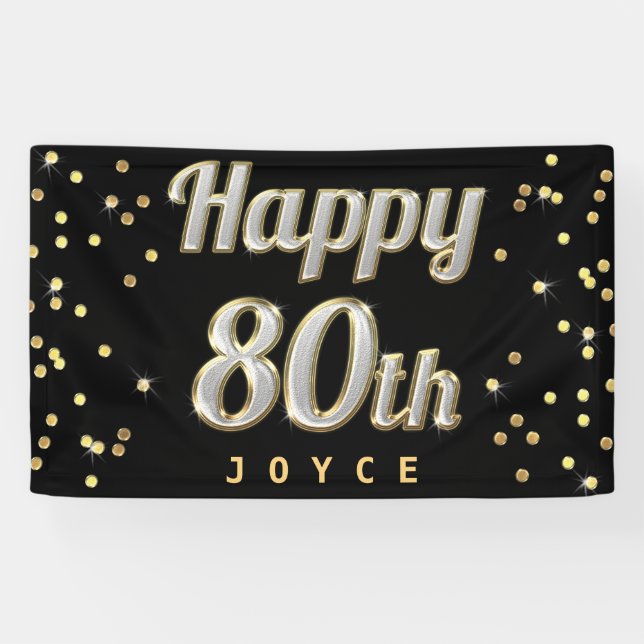 Happy 80th Bling Typography Gold Confetti Black Banner (Horizontal)