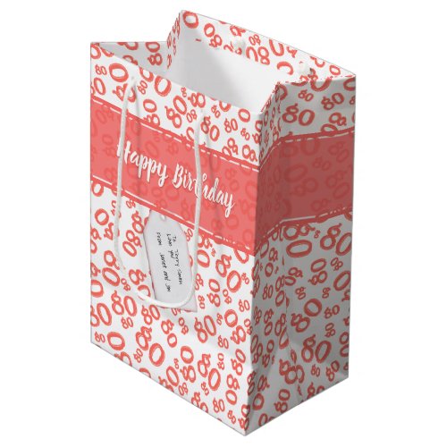 Happy 80th CoralWhite Random Number Pattern Medium Gift Bag