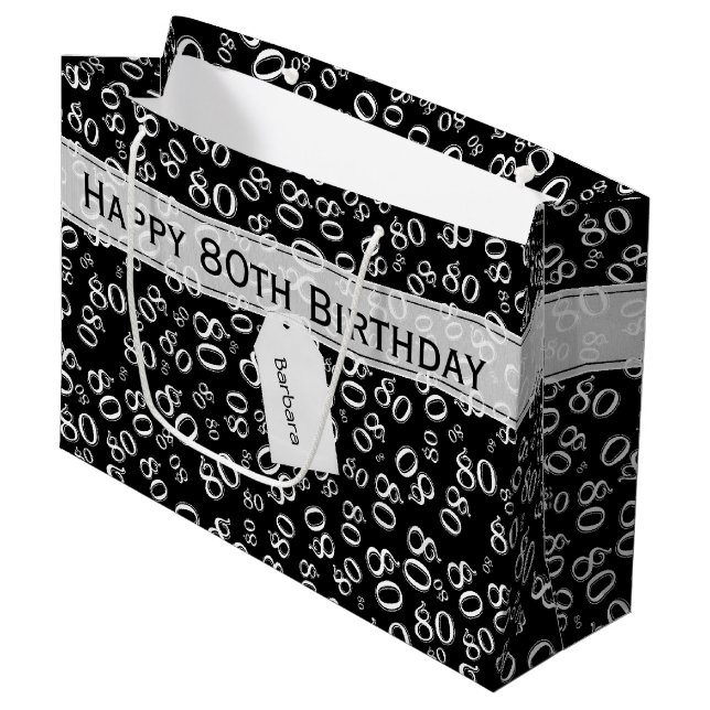 Happy 80th Random Number Pattern Black/White Large Gift Bag (Front Angled)