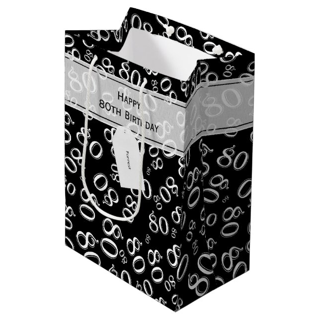 Happy 80th Random Number Pattern Black/White Medium Gift Bag (Front Angled)