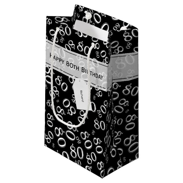 Happy 80th Random Number Pattern Black/White Small Gift Bag (Front Angled)