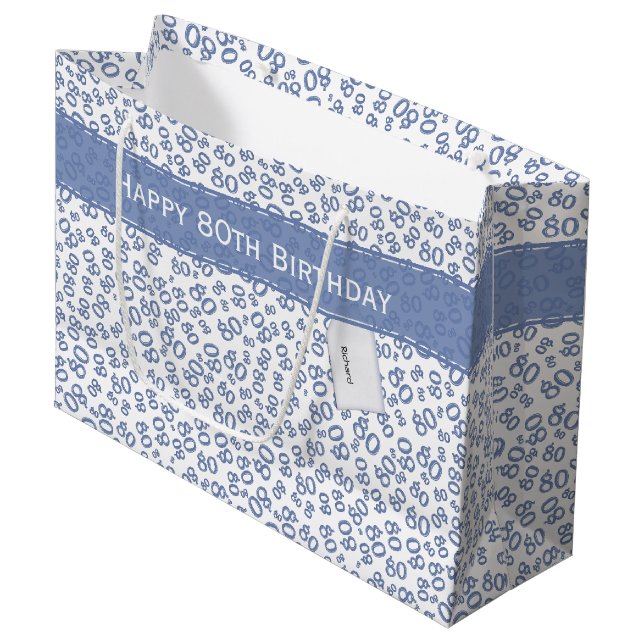 Happy 80th Random Number Pattern Blue/White Large Gift Bag (Front Angled)