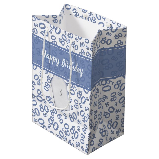 Happy 80th Random Number Pattern Blue/White Medium Gift Bag (Front Angled)