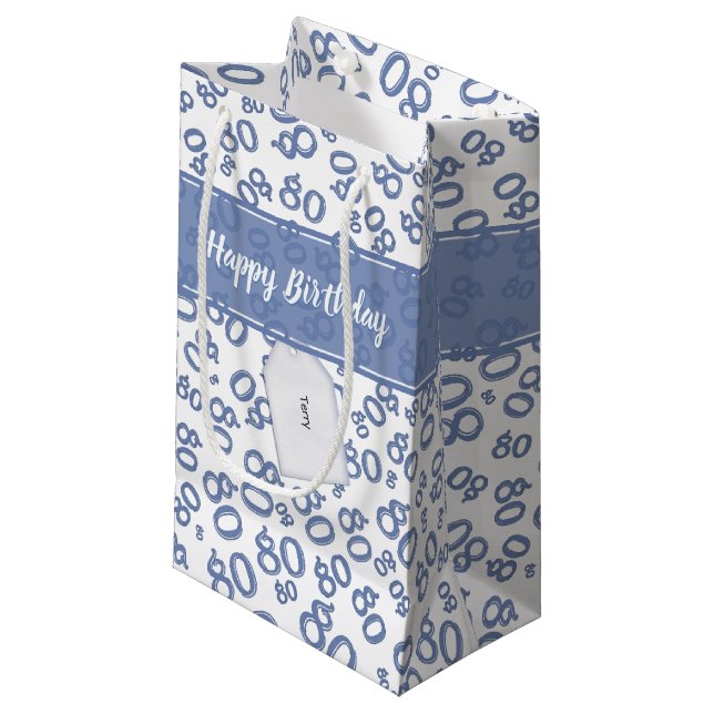 Happy 80th Random Number Pattern Blue/White Small Gift Bag (Front Angled)