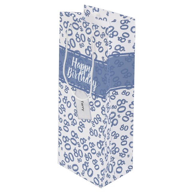 Happy 80th Random Number Pattern Blue/White Wine Gift Bag (Front Angled)