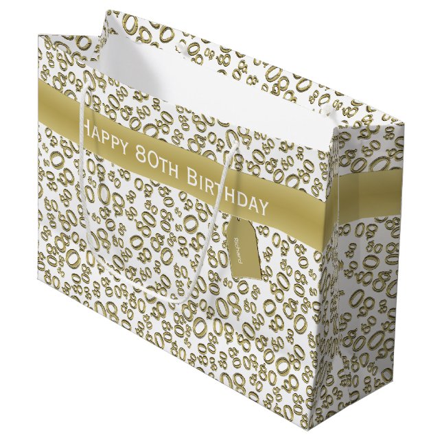 Happy 80th Random Number Pattern Gold/White Large Gift Bag (Front Angled)