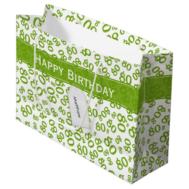 Happy 80th Random Number Pattern Green/White Large Gift Bag (Front Angled)