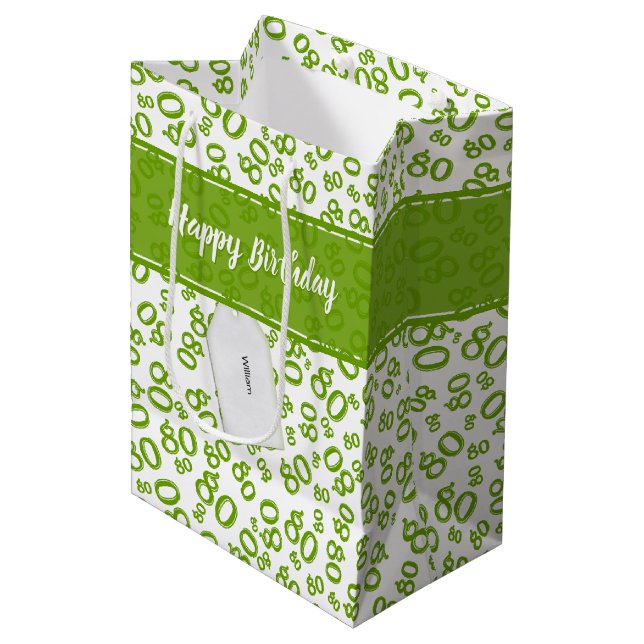 Happy 80th Random Number Pattern Green/White Medium Gift Bag (Front Angled)